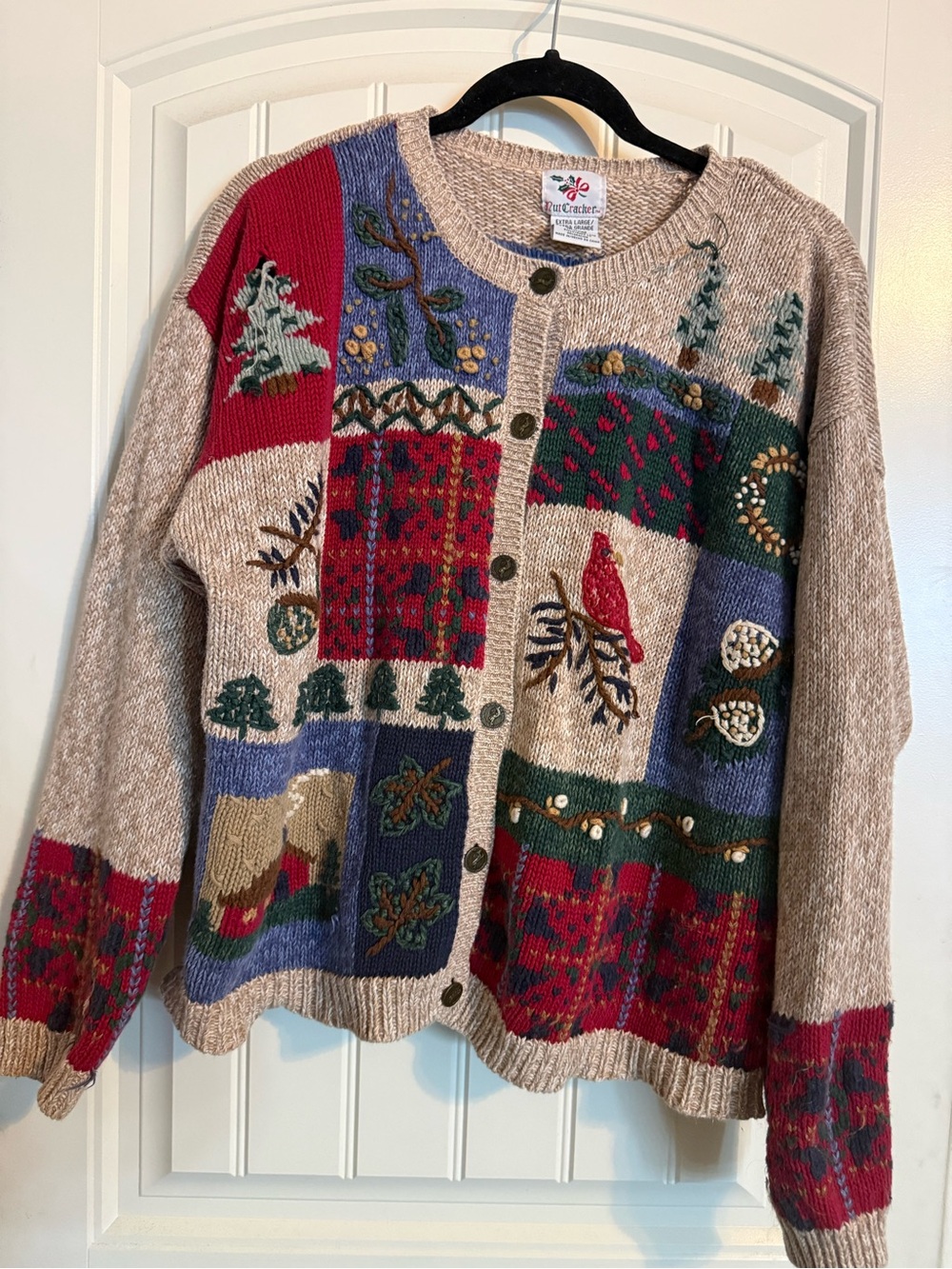 Vintage Women's Patchwork Knit Cardigan Sweater - Red, Green, Cream